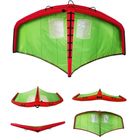 Inflatable Wing Foil Surf Wing with dual airbag safety, green and red color, for wind wing foiling surfing and snow ski surfing