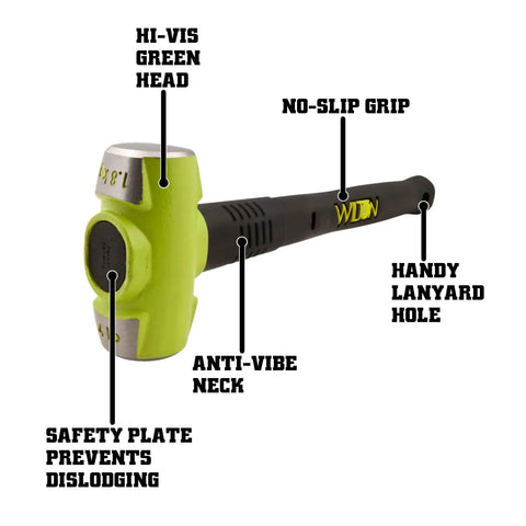 Tradesman SE Black Five And A Half Inch Bench Vise And BASH Sixteen Inch Sledge Hammer Set For The Shop Heavy Duty 60K PSI Ductile Iron Body Enclosed Design That Locks In Lubricant And Takes A Beating For Forming And Tough Work hi-vis green head no-slip grip
