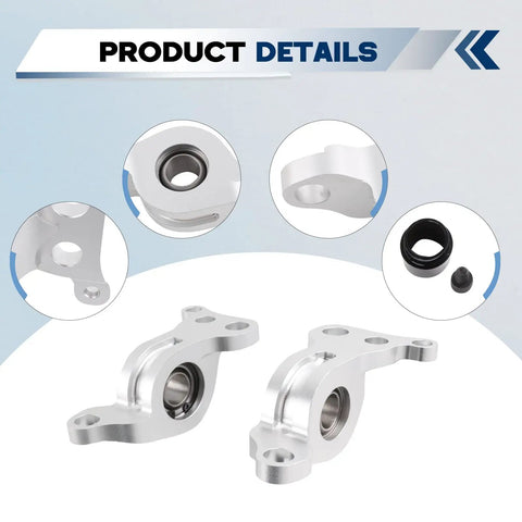 Racing Compliance Brackets With Spherical Bearings For Honda Civic EG 92 95 And Acura Integra 94 01 Bolt On Performance Upgrade With High Load CNC Machined Billet Aluminum Housing For Precise Fit, silver bracket close-up