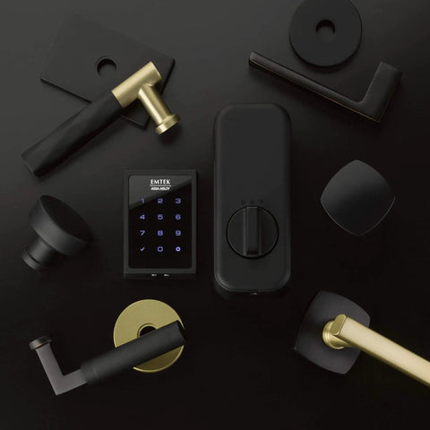 Motorized Touchscreen Smart Deadbolt With Wifi Enabled Keyless Entry Lock In Satin Nickel Finish And August Connected Security System displayed with various handles and parts.