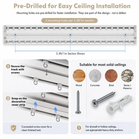 Ultra Quiet Ceiling Mount Curtain Track System 5 To 16 Feet White Aluminum Double Rail For Bedroom Window And Hotel Drop Ceiling Install, pre-drilled 1m section