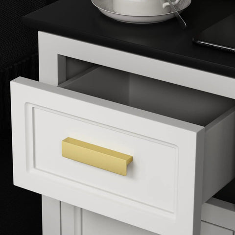 Close-up of white drawer with 10 Pack 4 Inch Gold Cabinet Handles Finger Pulls Edge Pulls For Cabinets And Drawers Slick Flat Hidden Hardware