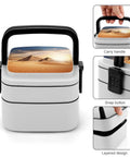 Egyptian Pyramid Themed Bento Box With Spoon Portable Insulated Dual Layer Lunch Box Reusable Leak Proof Food Containers For Work Travel Camping And Daily Office Meals with carry handle and snap button.