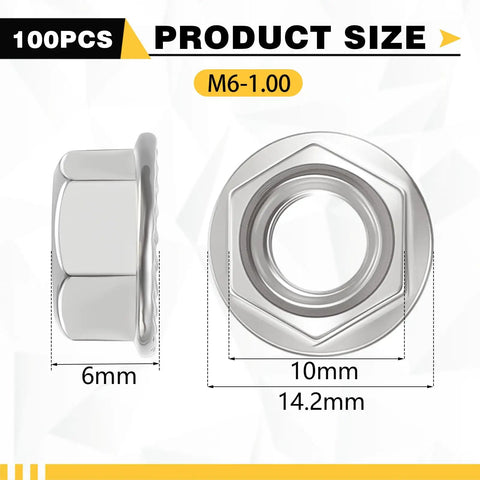 Killer Grade M6 Serrated Flange Nuts 100 Pack Built Hella Tough From Rust Free 304 Stainless Steel showing 10mm width and 6mm height.