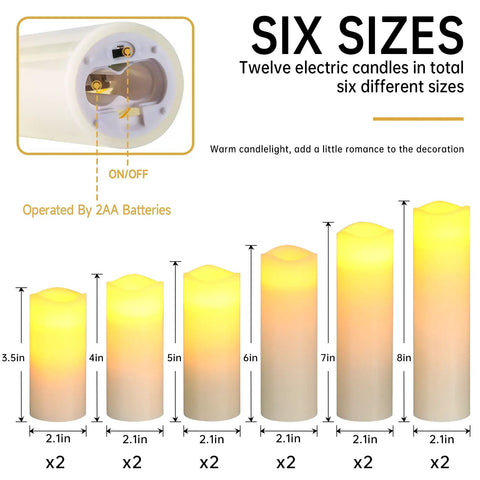Six different sizes of Flameless LED Pillar Candles Set Of 12 Battery Operated With Remote And Timer Real Wax Look displayed
