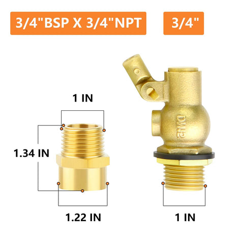 3/4 inch float ball valve with 3/4 BSP x 3/4 NPT brass adapter