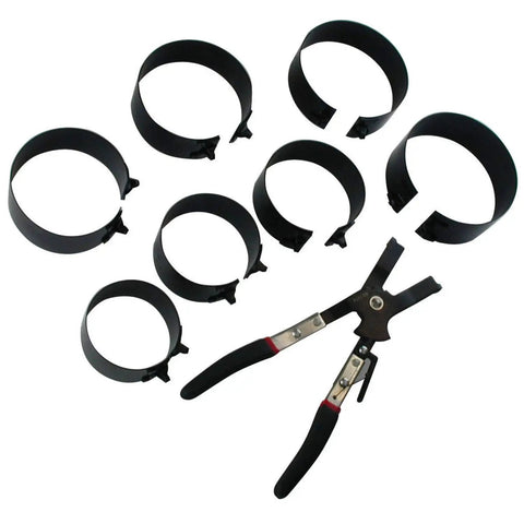 8 Piece Piston Ring Compressor Set With Fine Tooth Ratcheting Lock Includes Pliers And Six Bands Fits Pistons From Two Seven Eighths To Four Three Eighths Inches For Quick DIY Engine Assembly