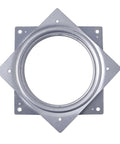 Front view of 6-inch square silver metal lazy susan base with circular bearing and corner mounting holes.
