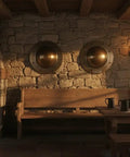 Medieval Viking Shield Boss Umbo Crafted From 14 Gauge Steel With Antique Brass Finish Rustic 8 Inch Diameter Wall Mount in cozy room.