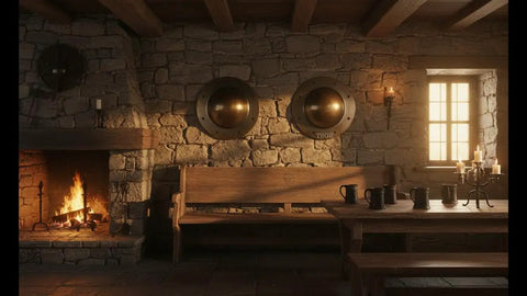 Medieval Viking Shield Boss Umbo Crafted From 14 Gauge Steel With Antique Brass Finish Rustic 8 Inch Diameter Wall Mount in cozy room.