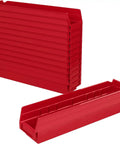 Heavy Duty Plastic Shelf Bins Stackable For Garage Closet And Drawer Organization In Red 18 Inch By 4 Inch By 4 Inch Durable Storage Containers For Shelves Cabinets And Under Sink 12 Pack
