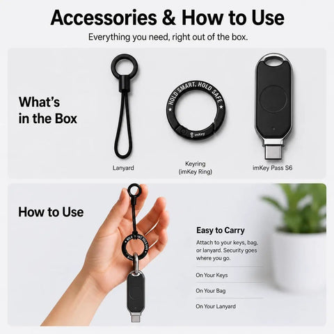 Ironclad Fingerprint Security Key With Fido2 Certified Biometrics And Type C Design shown with lanyard and keyring accessories for easy carrying.