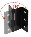 Front view of a black offset half-surface chest hinge with multiple mounting holes
