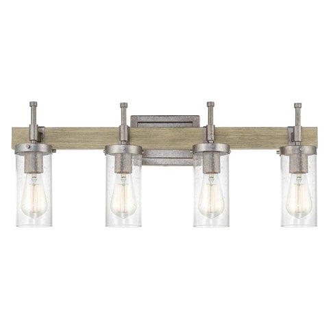 Winslow 28 Inch 4 Light Farmhouse Vanity Light With Seeded Glass Cylinder Shades Bleached Oak Finish And Galvanized Steel Accents