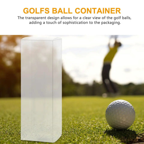 Three Piece Golf Ball Display Case Set on grass next to golf ball, showcasing clear durable plastic for easy transport and display.