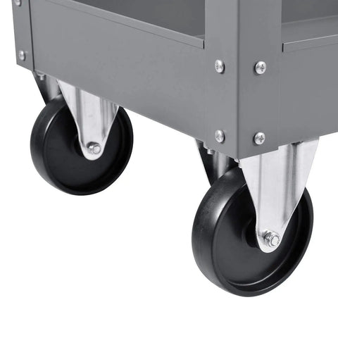 Rock Solid Heavy Duty Steel Storage Cart With Two Roomy Deep Trays Carries Five Hundred Pounds Flawlessly For Workshop Garage Or Warehouse Tool Organization And Effortless Rolling In Gray