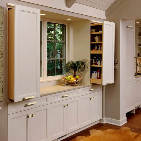 Six Pack Heavy Duty Pure Brass Cabinet Pulls With Matte Brushed Finish 5 Inch Center To Center on white kitchen cabinets.