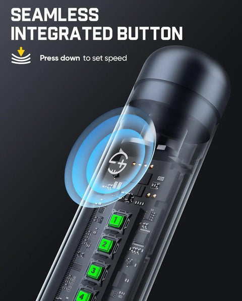 Close-up of seamless integrated button on F2 Master Kit Mini Cordless Rotary Tool All In One With 5 Speed 25000 RPM Engraving Pen.