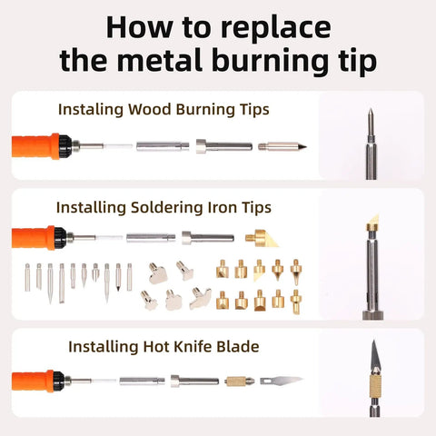 How to replace metal tips on All In One Wood Burning Kit For Beginners And Newbies with Adjustable Temperature Pen.