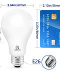 Super Bright 150 Watt Equivalent LED Bulb With 2600 Lumens, Daylight 5000K, shown with E26 base and size dimensions, next to credit card for scale