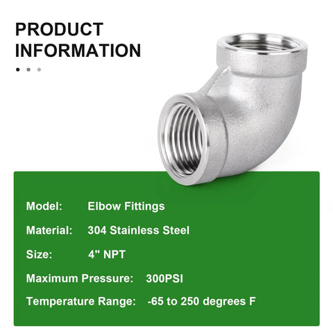 Beefy 304 Stainless Steel 90 Degree Elbow 4 Inch Female NPT To 4 Inch Female NPT Pipe Fitting Industrial Grade