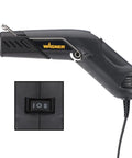 Side view of Dual Temperature Heat Gun For Do It Yourself Projects, 680F high, 450F low, showing hands free stand and control switch inset.