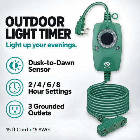 Heavy Duty Outdoor Dusk To Dawn Timer With Photocell Sensor And Three Grounded Outlets, 15 ft cord with multiple settings.