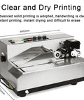 Heavy Duty Automatic Print Date Label Machine 180W Ink Wheel Printer with stainless steel build, showing controls and printing mechanism.
