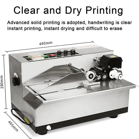 Heavy Duty Automatic Print Date Label Machine 180W Ink Wheel Printer with stainless steel build, showing controls and printing mechanism.