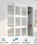 Sliding Closet Door Set 72 Inch High By 80 Inch Wide Double 37 Inch Panels With Three Lite Frosted Glass Bypass Design Includes Hardware Kit And Matching Fascia Pre Drilled Solid Wood Slab With Waterproof PVC Surface Easy Installation White installed in room