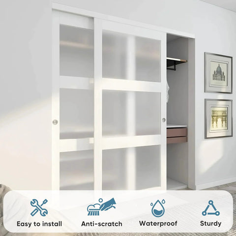 Sliding Closet Door Set 72 Inch High By 80 Inch Wide Double 37 Inch Panels With Three Lite Frosted Glass Bypass Design Includes Hardware Kit And Matching Fascia Pre Drilled Solid Wood Slab With Waterproof PVC Surface Easy Installation White installed in room