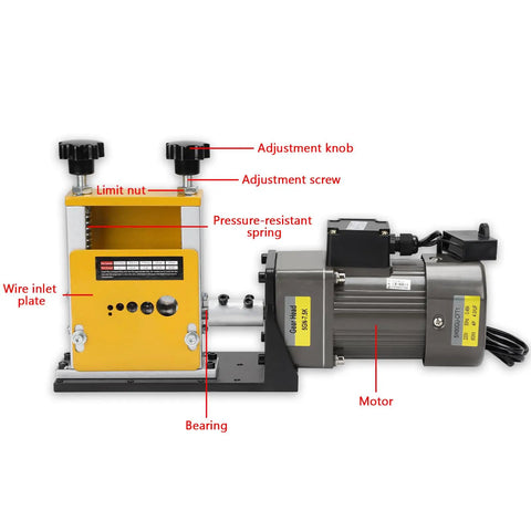 Pro Level Automatic Copper Wire Stripping Machine Boasting A Beefy 60W Motor And Six Alloy Dies showing components like motor, adjustment knobs.