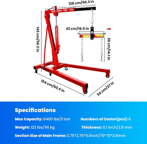 Built Tough Folding Engine Hoist With Quick Adjust Leveler And Rock Solid 6400 Lbs Alloy Steel Capacity Pro Shop Ready, detailed view with dimensions.