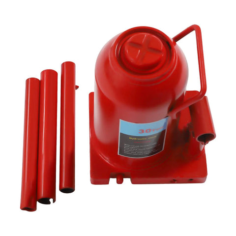 Beefy 30 Ton Hydraulic Bottle Jack Low Profile Stubby Lift Tool with detachable handle parts, red alloy steel construction