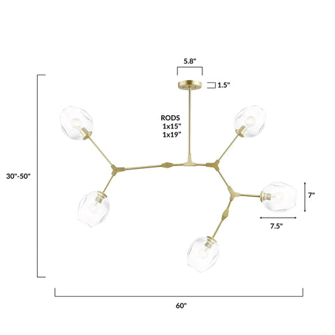 Diagram of Matte Gold Five Light Adjustable Chandelier Pendant With Clear Glass Shades Dope Modern Ceiling Lighting Fixture