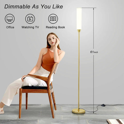 Gold Floor Lamp With Remote And Foot Switch, 360 Degree LED Light, Stepless Dimming From 3000K To 6000K next to seated woman in room