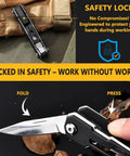EDC Upgraded 17 In 1 All In One Multitool with safety lock feature, showing knife blade folded and pressed into handle, on glove background.