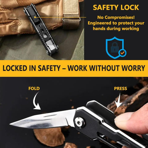 EDC Upgraded 17 In 1 All In One Multitool with safety lock feature, showing knife blade folded and pressed into handle, on glove background.