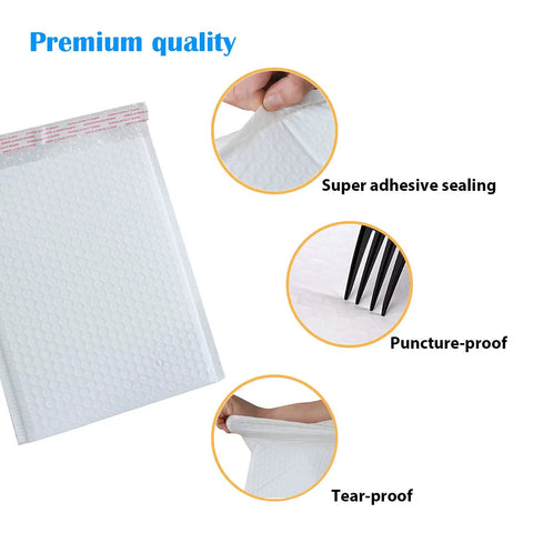White Bubble Mailers 9.5 By 13.5 Inches Pack Of 25 Lightweight Padded Envelopes displaying adhesive sealing and durability features