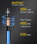 NeoPulse Precision Motor with 350 mAh battery capacity and 200 RPM, showcasing its compact design and features.