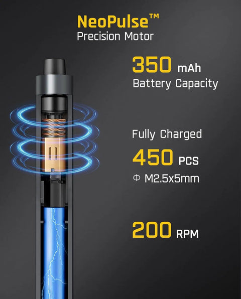 NeoPulse Precision Motor with 350 mAh battery capacity and 200 RPM, showcasing its compact design and features.