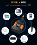 Game Changer 150 Watt Portable Car Power Inverter Converter with USB ports and 12V plug, ideal for charging devices on road trips.