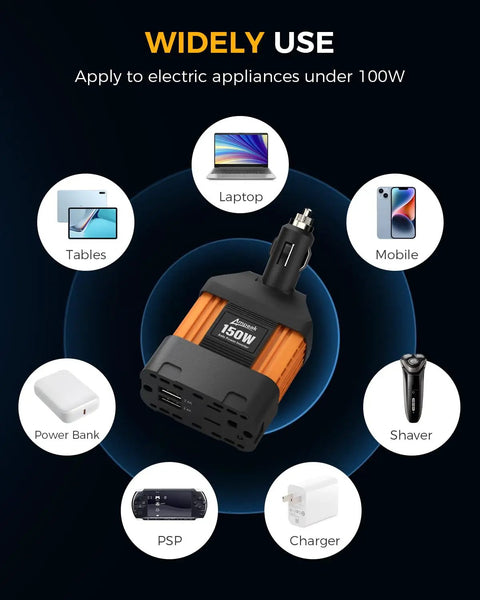 Game Changer 150 Watt Portable Car Power Inverter Converter with USB ports and 12V plug, ideal for charging devices on road trips.