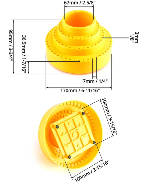 Rotary Bur Holder Tool With 116 Holes, 360 Degree Rotating Base, yellow design with dimensions labeled, ideal for drill bits organization.