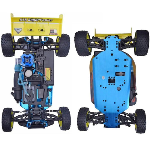Top and bottom view of Beast One Tenth Scale Nitro RC Buggy with 4WD Off Road Power Gas Powered Two Speed Auto Transmission