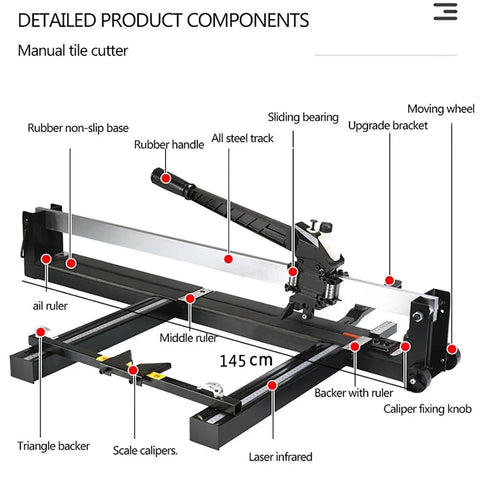 Manual Tile Cutter Pro Grade High Precision Tool With Heavy Duty All Steel Frame Foldable, labeled parts diagram