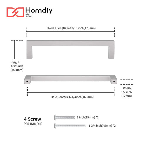 Dimensions of 30 Pack 6-1/4 Inch Brushed Nickel Cabinet Pulls Stainless Steel Kitchen Handles Modern Drawer Pulls For Dresser And Cabinets Silver Hardware Easy Upgrade For Home