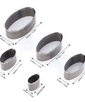 Five Piece Leather Punch Die Set with dimensions for DIY crafting, includes hollow cutter kit, 10x20mm and 16x22mm oval punches.