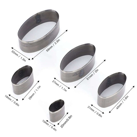 Five Piece Leather Punch Die Set with dimensions for DIY crafting, includes hollow cutter kit, 10x20mm and 16x22mm oval punches.