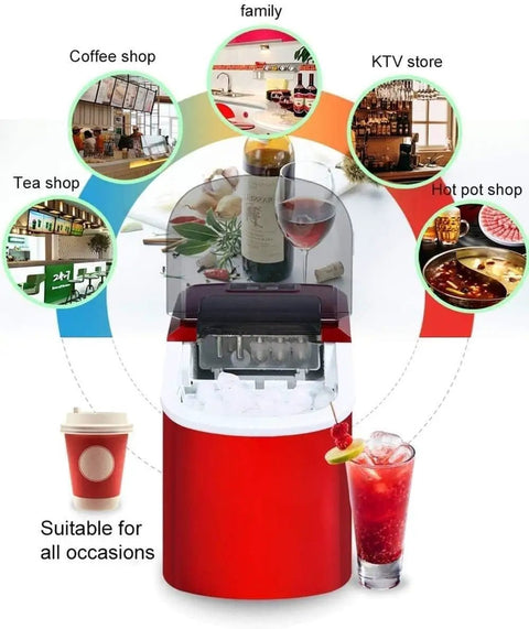 Sleek Countertop Ice Machine Cranking Out Thirty Three Pounds Of Snap Frozen Cubes In Six Minutes With Dual Sizes And No Sweat Setup For Weekend Bashes displayed in a commercial setting with beverages and ice.